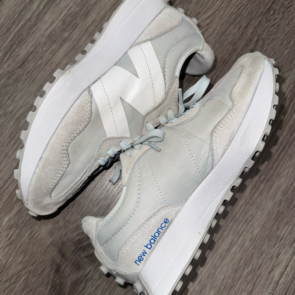 New Balance White and Light Blue Sneakers